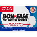 Boil Ease Maximum Strength Pain Relieving Ointment front view packaging showcasing benzocaine content