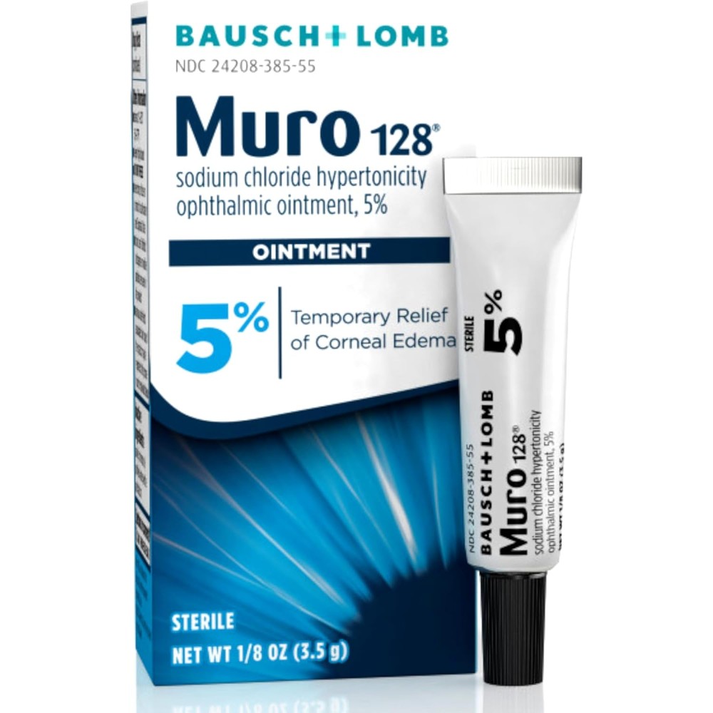 Bausch and Lomb Muro 128 five percent ointment front packaging view for corneal edema relief