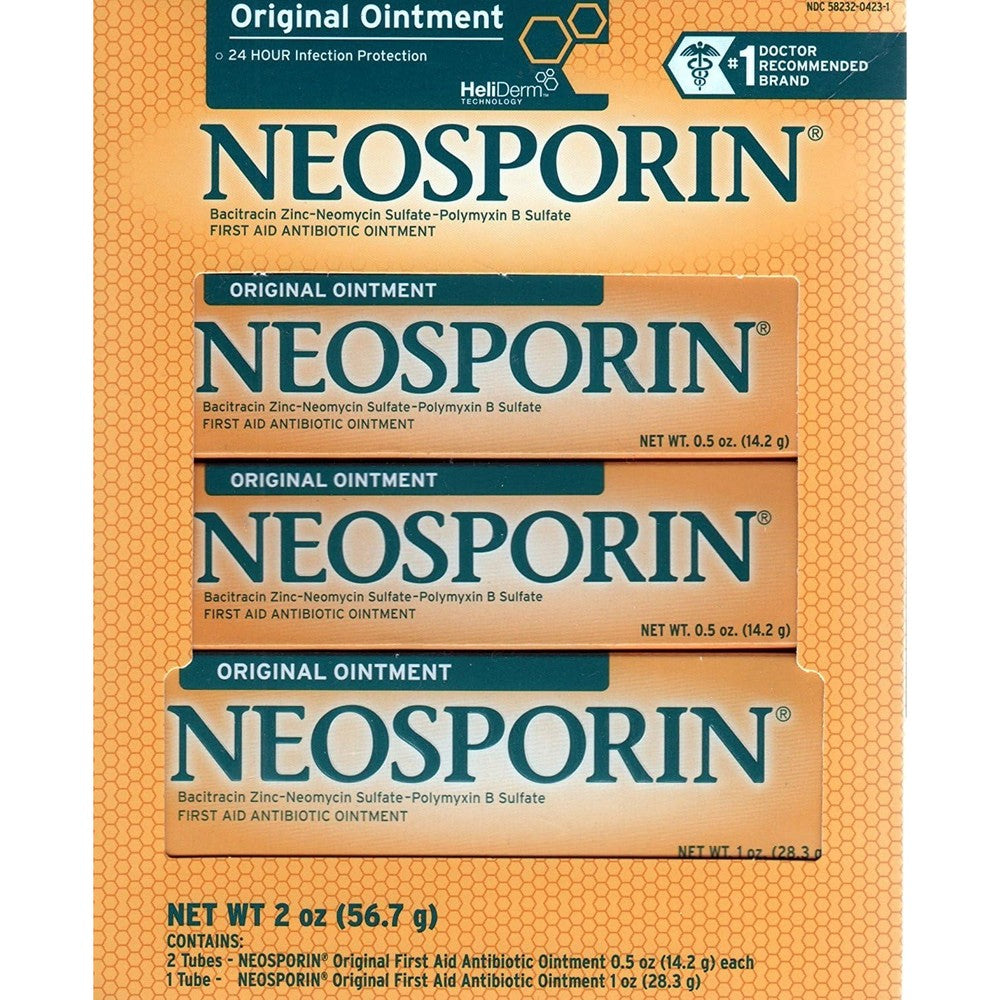 Neosporin Original First Aid Antibiotic Ointment Combo Pack front view showing three tubes for infection protection