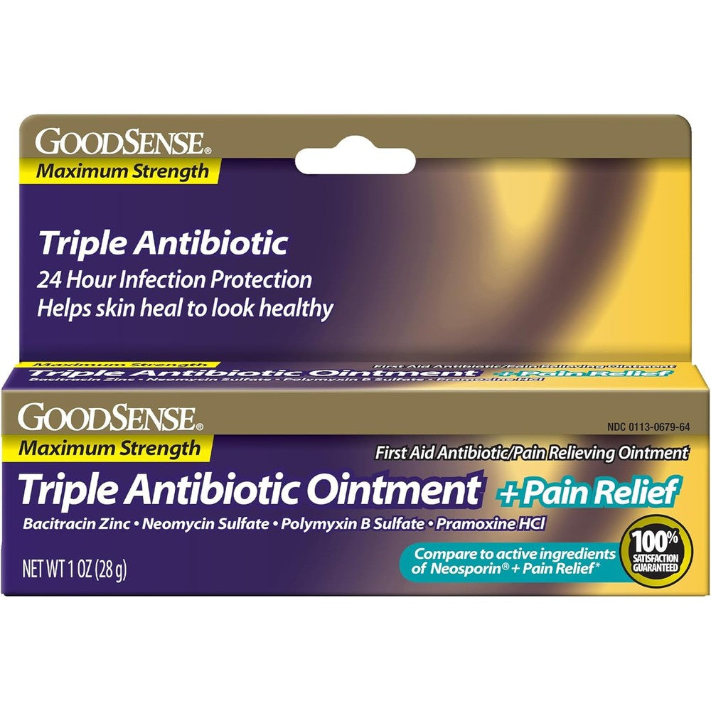 GoodSense Maximum Strength Triple Antibiotic Ointment plus Pain Relief 1 Ounce tube front view