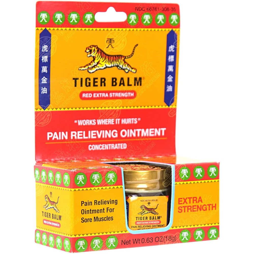 Tiger Balm Red Extra Strength pain relieving ointment front packaging view for muscle relief