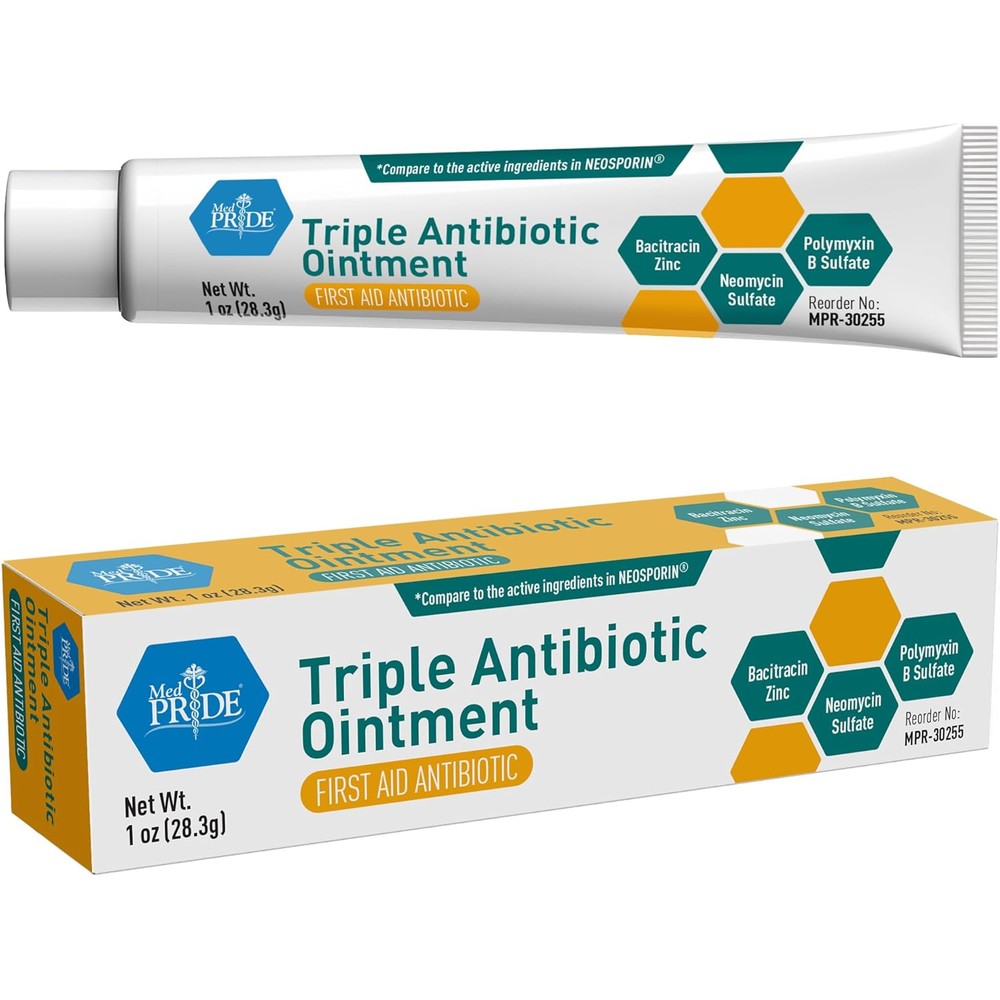 Med Pride Triple Antibiotic Ointment one ounce tube and packaging box front view for first aid infection prevention