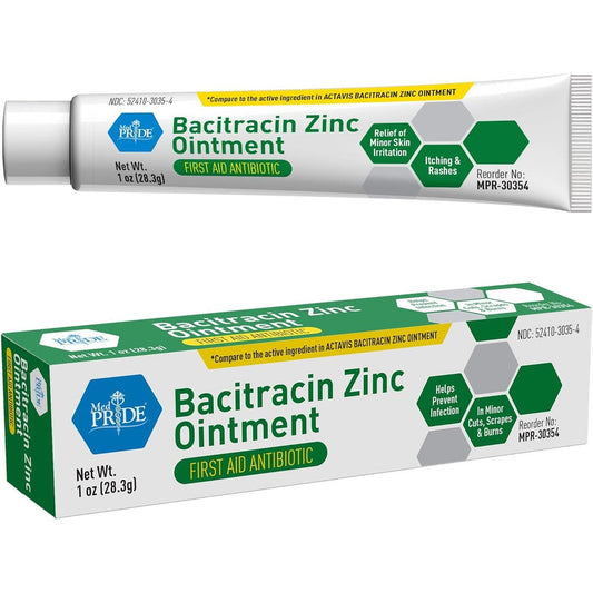 MED PRIDE Bacitracin with Zinc Ointment front view of the one ounce tube for first aid care.