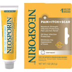 Neosporin Pain Itch and Scar triple antibiotic ointment box front view for wound care.