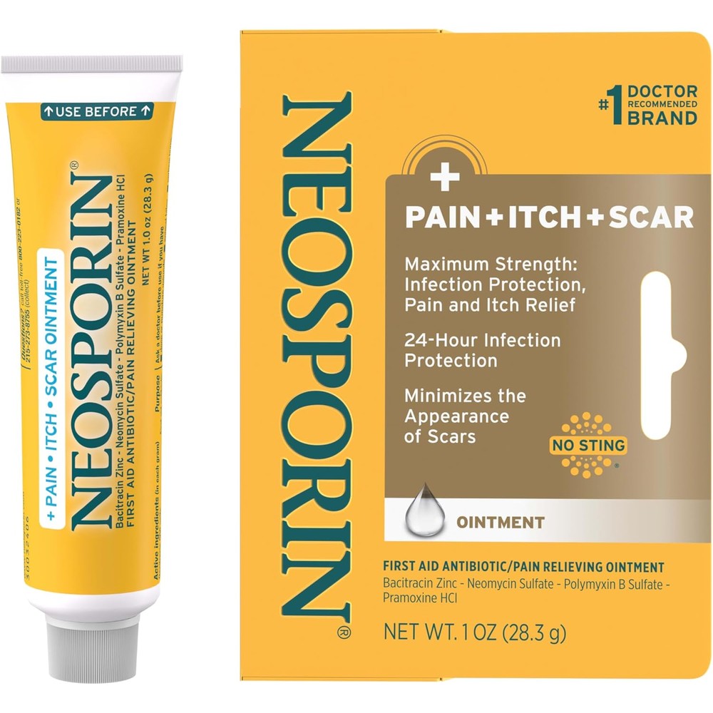 Neosporin Pain Itch and Scar triple antibiotic ointment box front view for wound care.