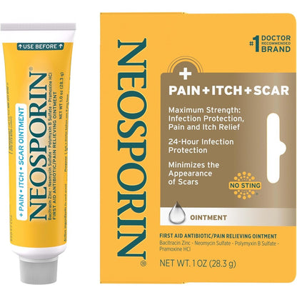 Neosporin Pain Itch and Scar triple antibiotic ointment box front view for wound care.