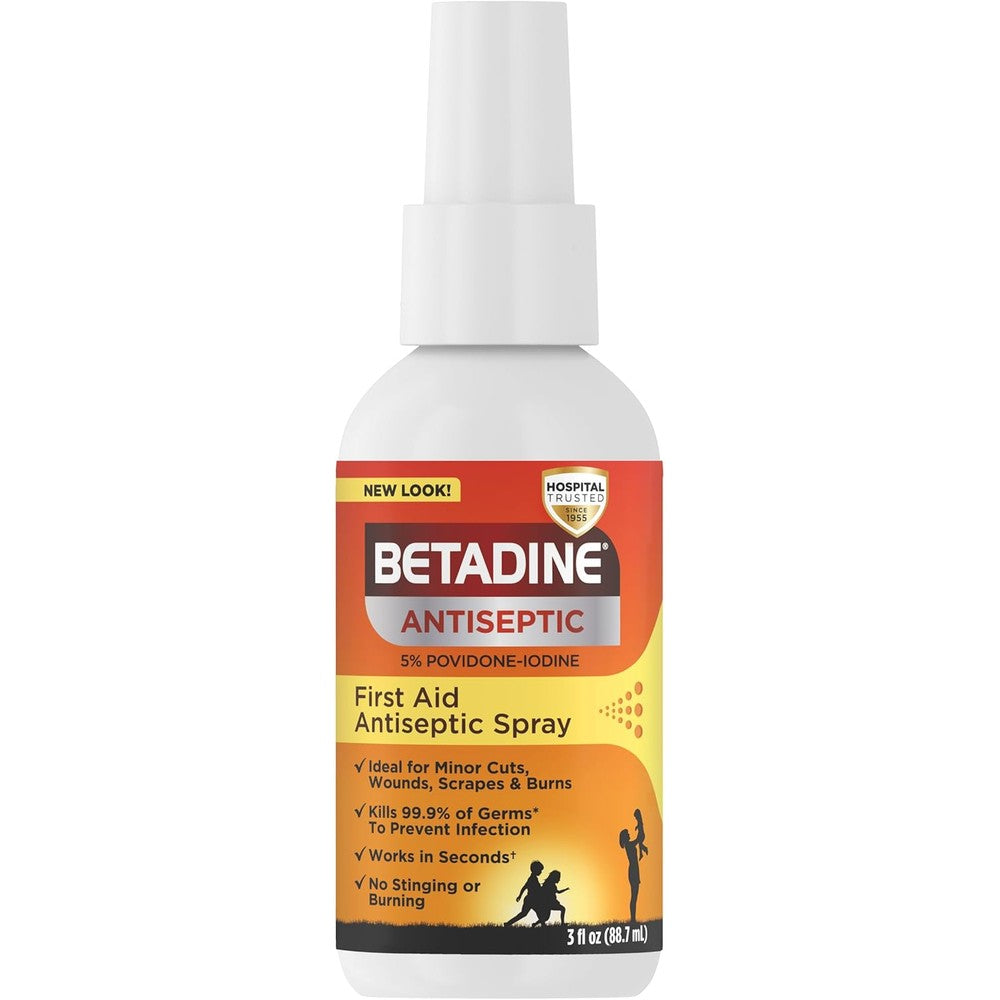 Betadine Antiseptic First Aid Spray front view showing povidone iodine formula.