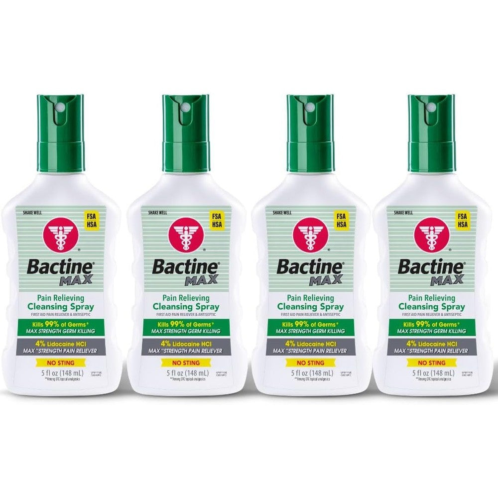 Bactine MAX First Aid Pain Relief Cleansing Spray front view showing four percent lidocaine packaging