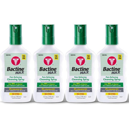 Bactine MAX First Aid Pain Relief Cleansing Spray front view showing four percent lidocaine packaging