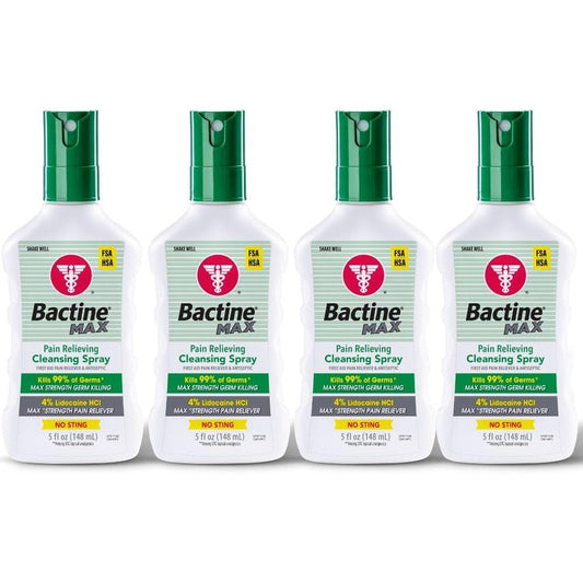 Bactine MAX First Aid Pain Relief Cleansing Spray front view showing four percent lidocaine packaging