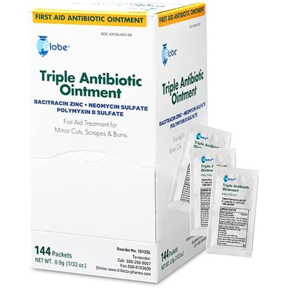 Globe Triple Antibiotic Ointment front view box of 144 packets for first aid