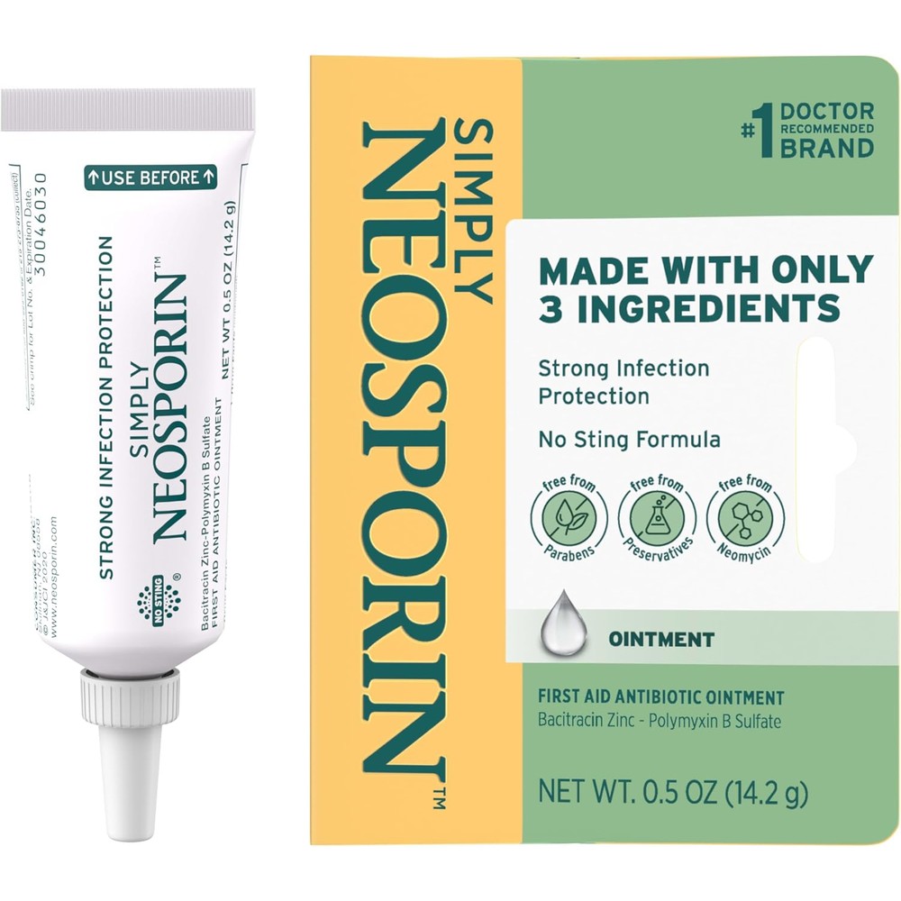 Neosporin Simply Formula three ingredient first aid antibiotic ointment front packaging view
