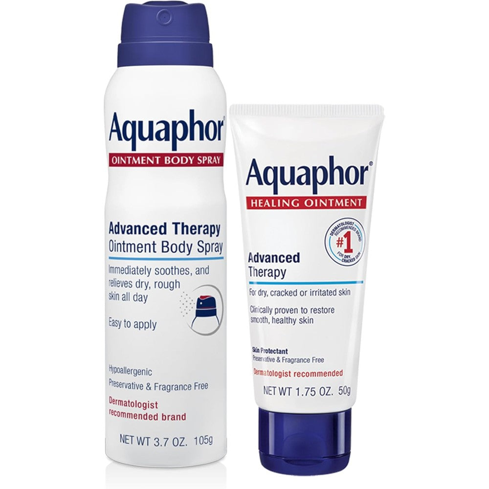 Aquaphor Advanced Therapy Skin Care Set front view featuring the healing ointment tube and body spray can for moisturizing dry skin.