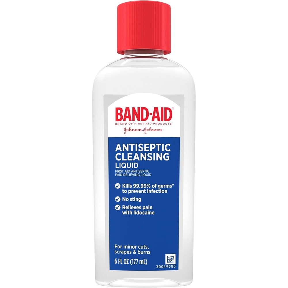 Band-Aid Brand Antiseptic Cleansing Liquid six fluid ounce front view bottle for first aid wound care