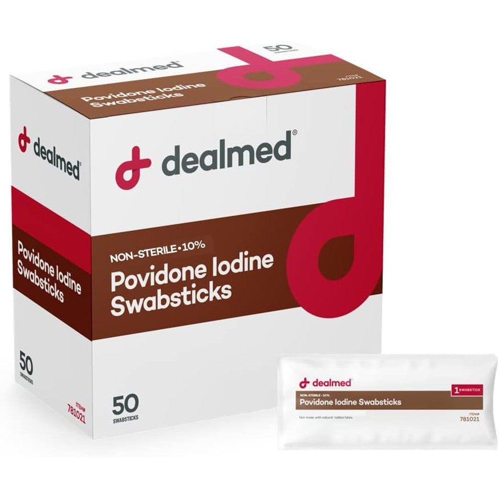 Dealmed Povidone Iodine 10 Percent Swabsticks front view box of fifty packets