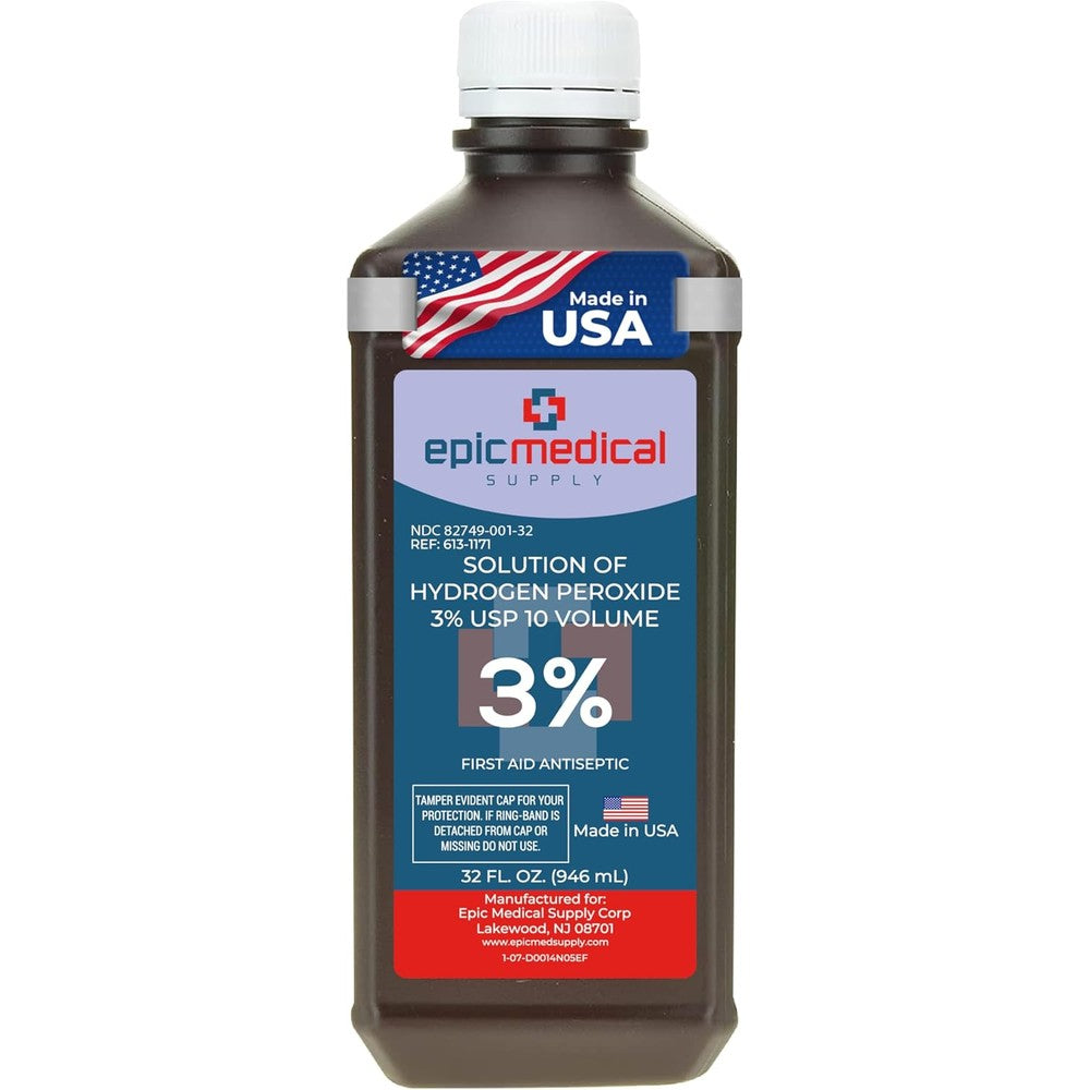 Epic Medical Supply Hydrogen Peroxide 32 fluid ounce bottle front view showcasing medical grade first aid antiseptic label.