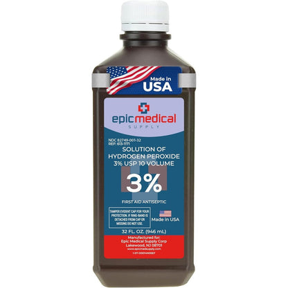 Epic Medical Supply Hydrogen Peroxide 32 fluid ounce bottle front view showcasing medical grade first aid antiseptic label.