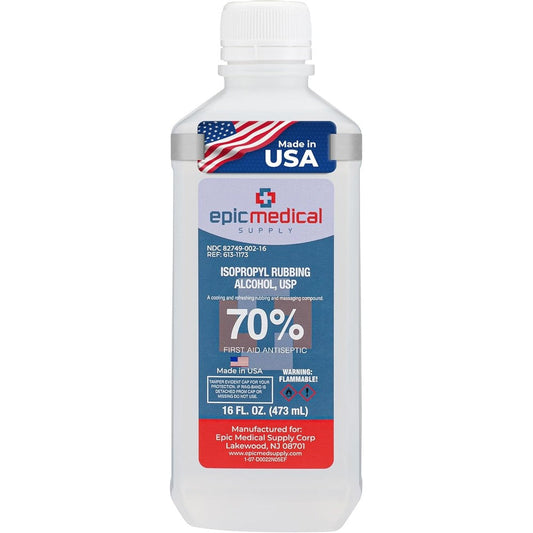 Epic Medical Supply 70 percent isopropyl rubbing alcohol 16 fluid ounces bottle front view