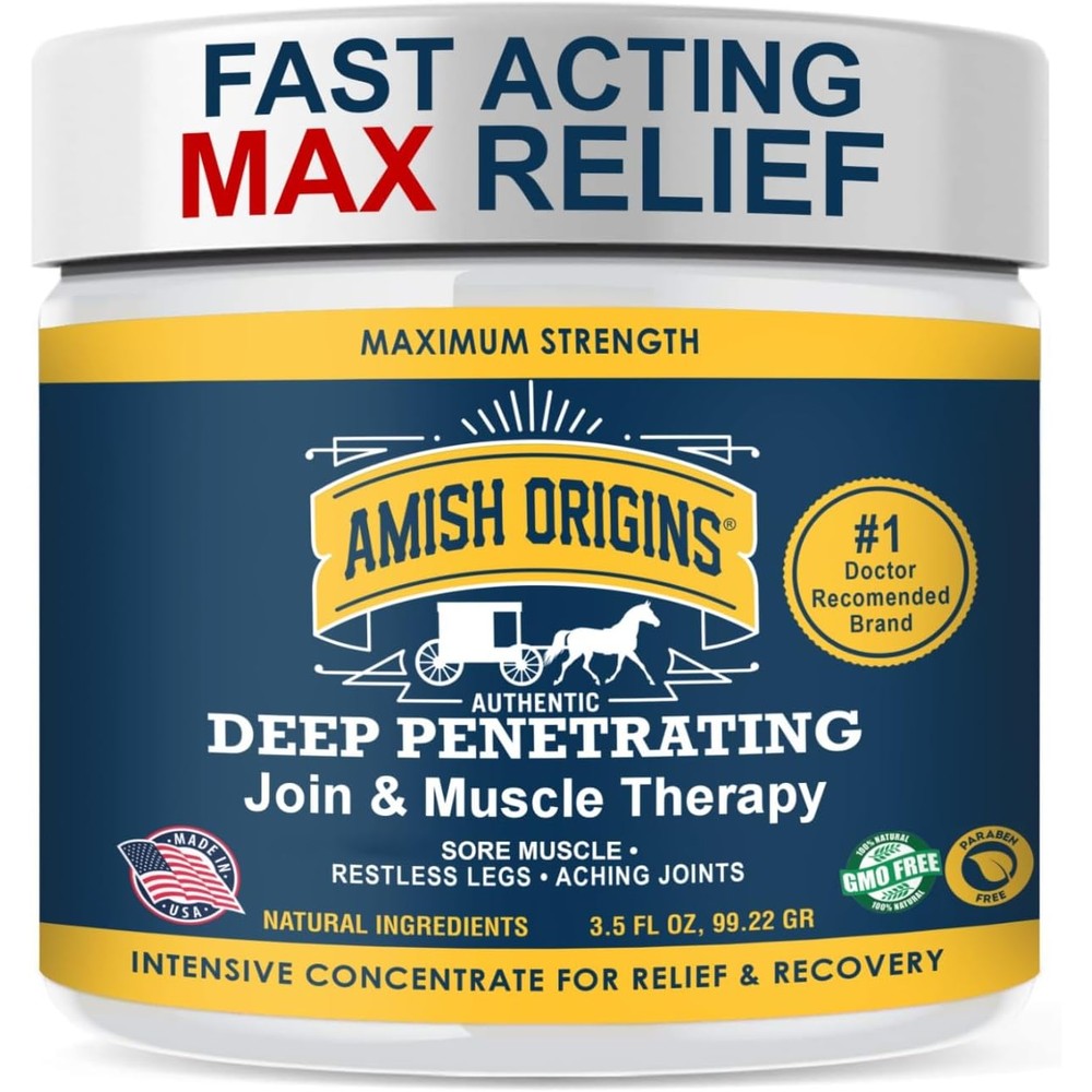Amish Origins Deep Penetrating Pain Relief Ointment 3.5 Ounce jar front view showing natural pain relief topical formula.