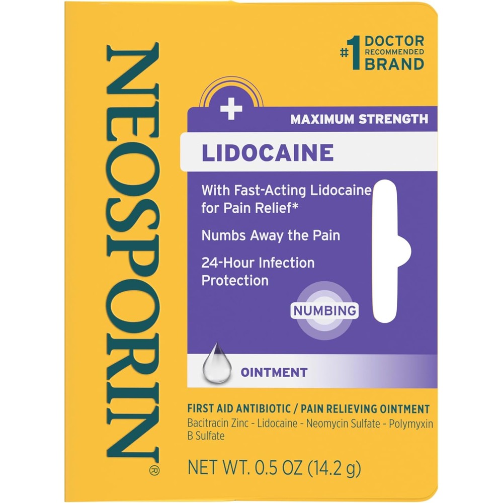 Neosporin lidocaine triple antibiotic ointment first aid tube front view