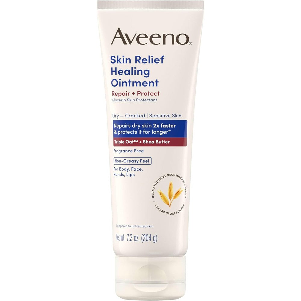 Aveeno Skin Relief Healing Ointment front view packaging displaying triple oat and shea butter ingredients