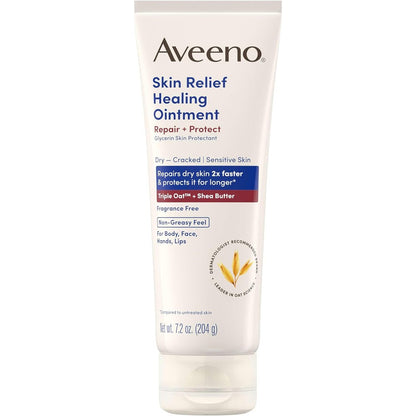 Aveeno Skin Relief Healing Ointment front view packaging displaying triple oat and shea butter ingredients