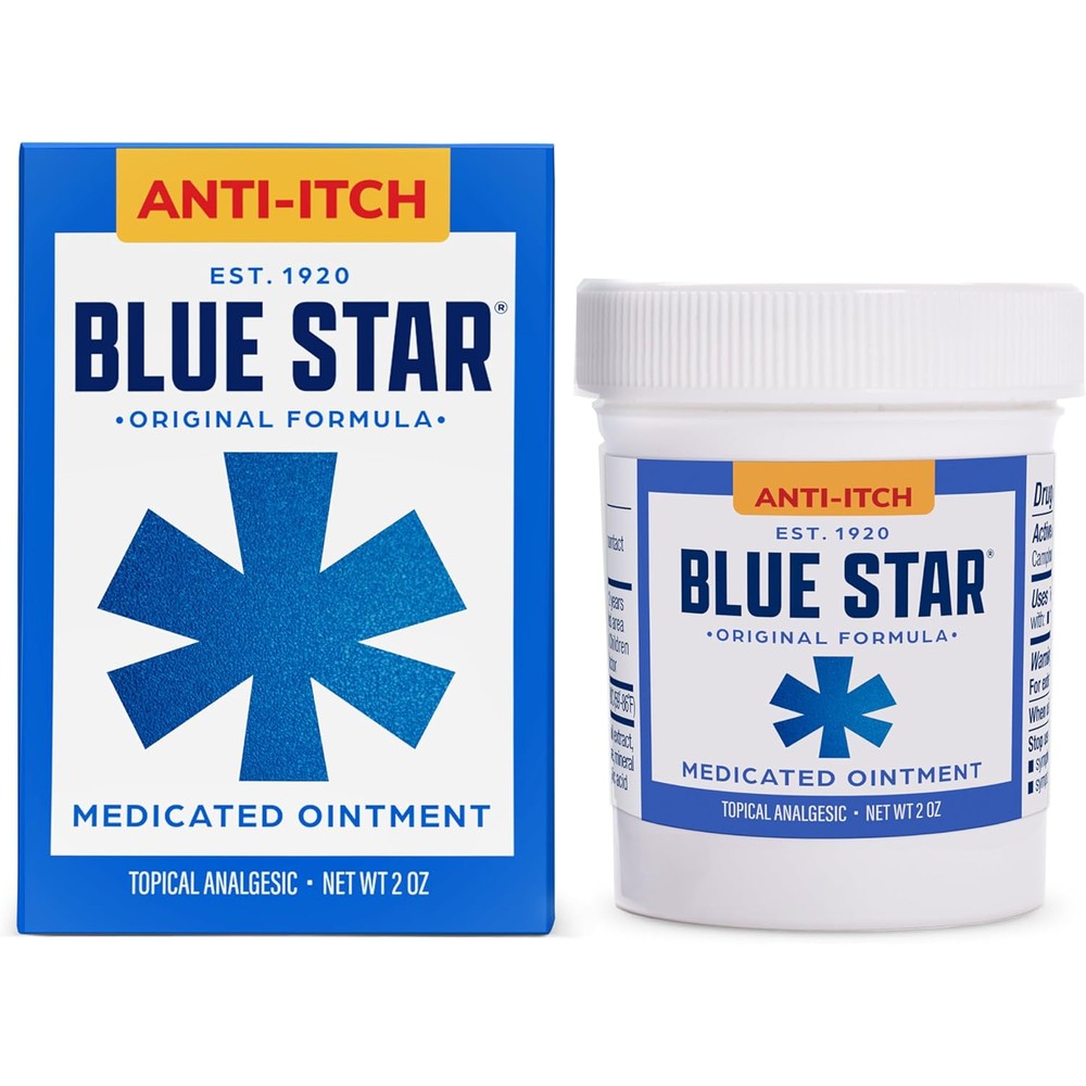 Blue Star Anti-Itch Medicated Ointment 2 Ounce jar front view for ringworm relief.