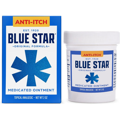 Blue Star Anti-Itch Medicated Ointment 2 Ounce jar front view for ringworm relief.