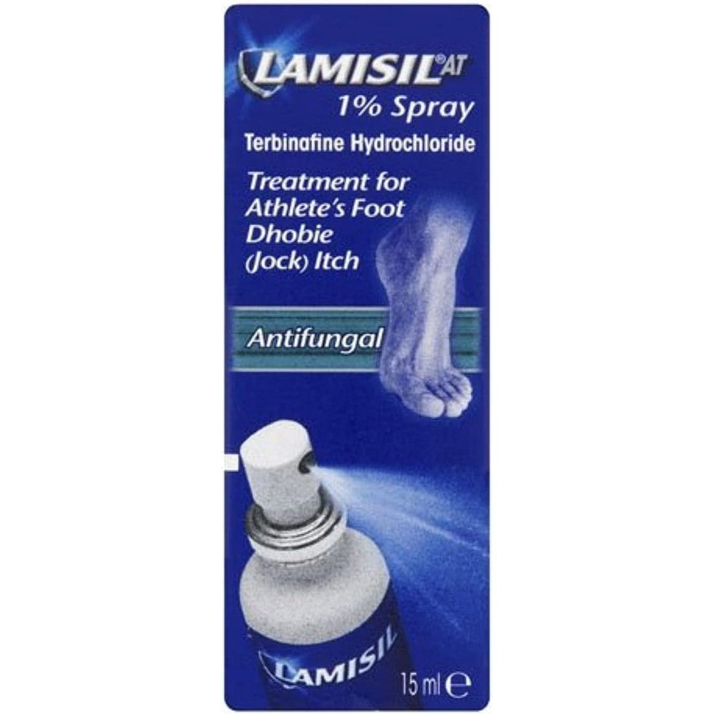 Lamisil AT 1 Percent Antifungal Spray 15ml front view for athlete's foot relief.