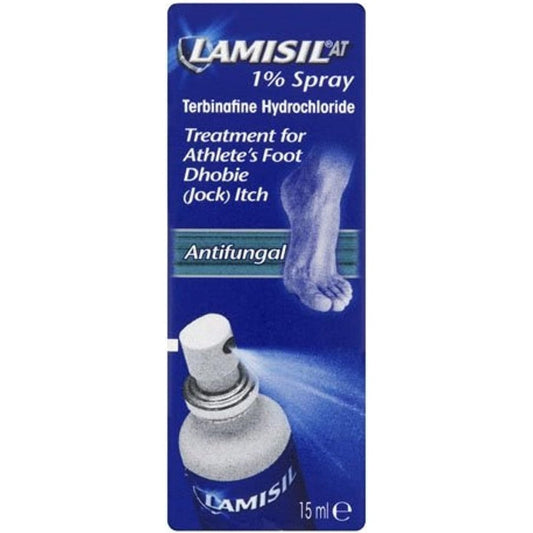 Lamisil AT 1 Percent Antifungal Spray 15ml front view for athlete's foot relief.