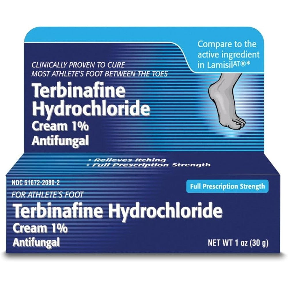 Taro Terbinafine Hydrochloride 1 percent antifungal cream front view box packaging for athlete foot relief