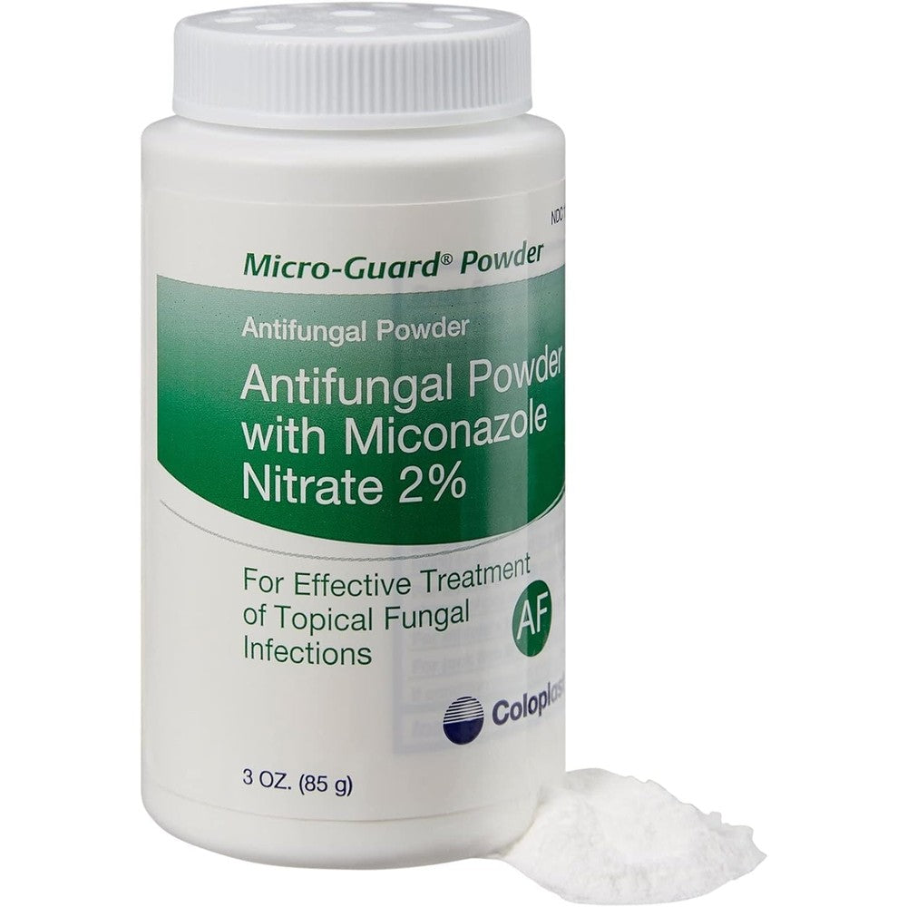 Coloplast Micro-Guard Antifungal Powder front view shaker bottle for skin infection relief.