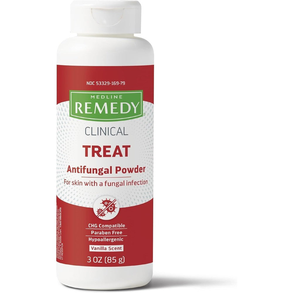 Medline Remedy Phytoplex Antifungal Powder front view of 3 ounce bottle for fungal relief.