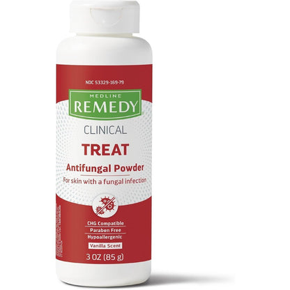 Medline Remedy Phytoplex Antifungal Powder front view of 3 ounce bottle for fungal relief.