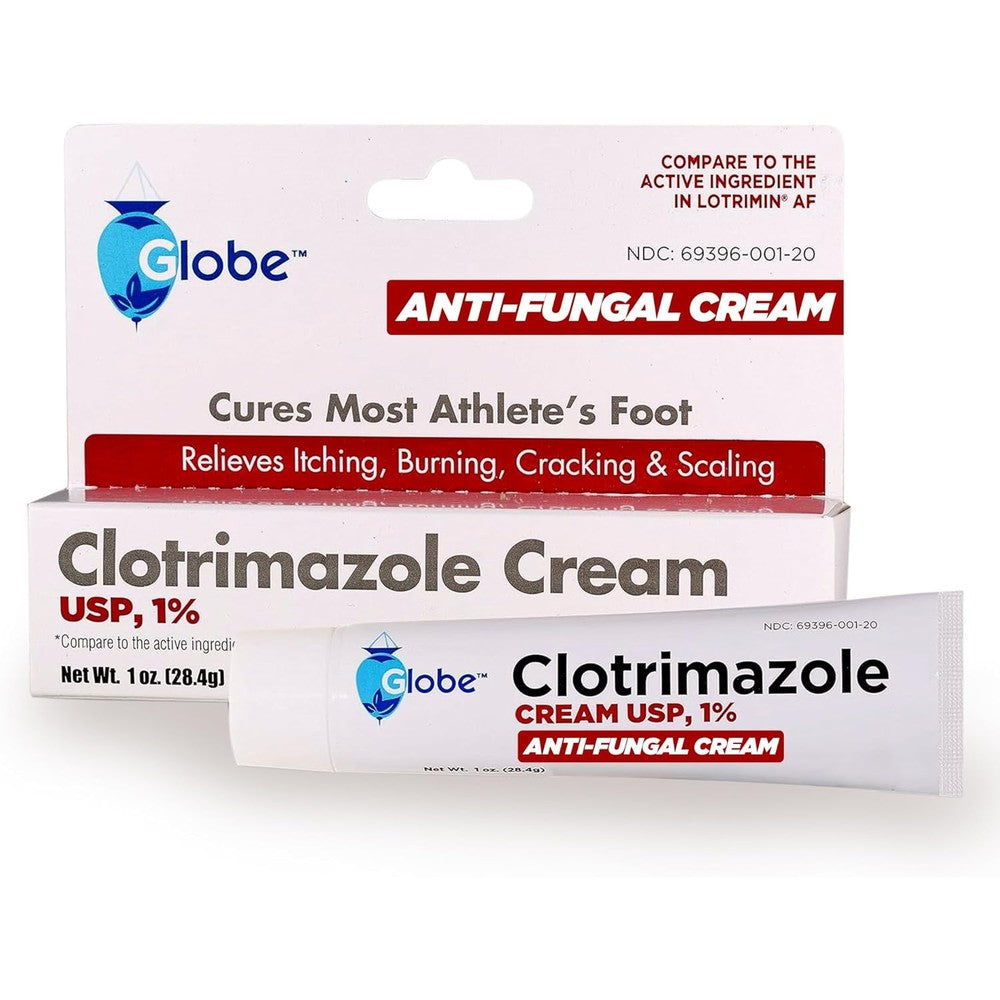 Globe Pharmacy Clotrimazole Antifungal Cream one ounce tube front view for athlete's foot relief