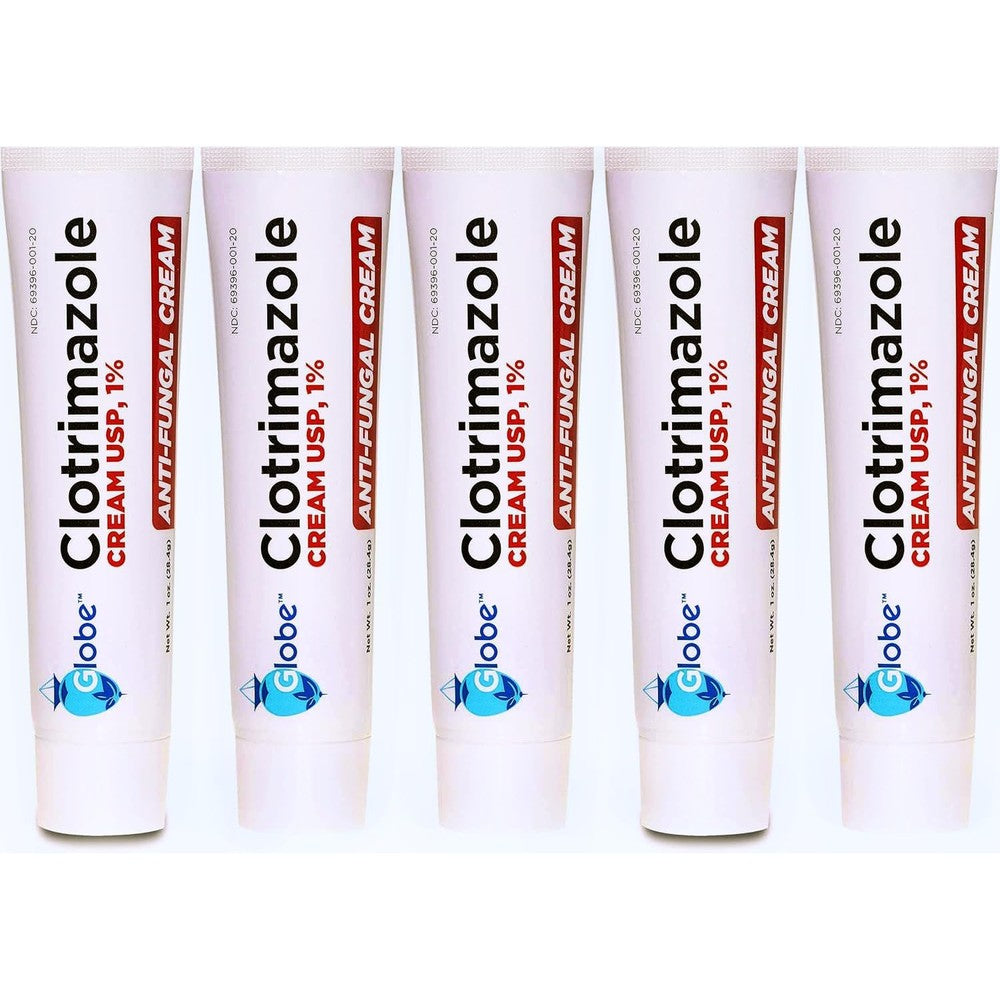 Globe Clotrimazole Antifungal Cream five pack front packaging view for athlete's foot relief