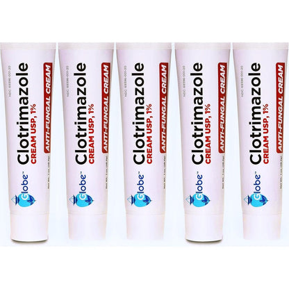 Globe Clotrimazole Antifungal Cream five pack front packaging view for athlete's foot relief