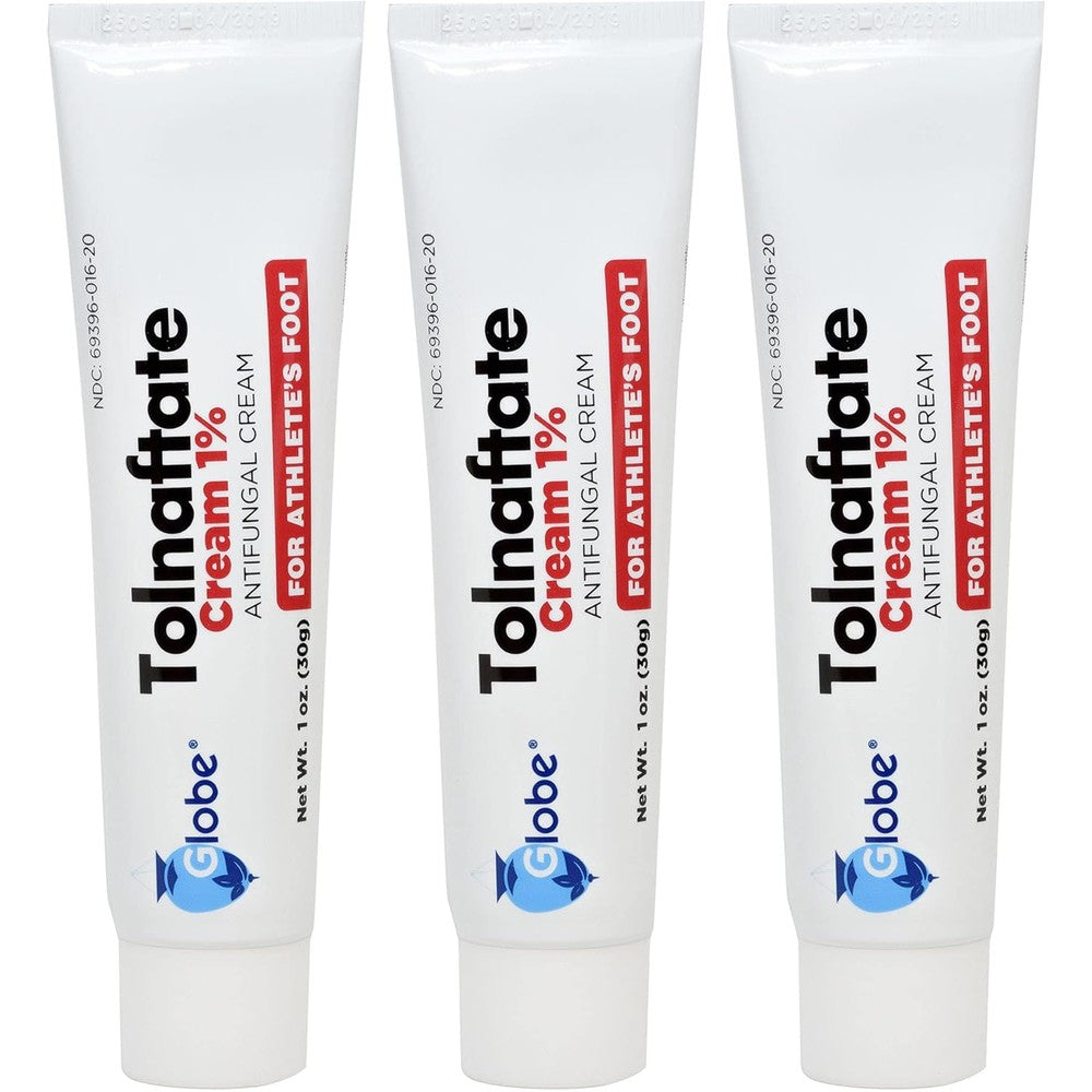 Globe Pharmacy Tolnaftate 1 percent antifungal cream three pack front view for athlete's foot relief.