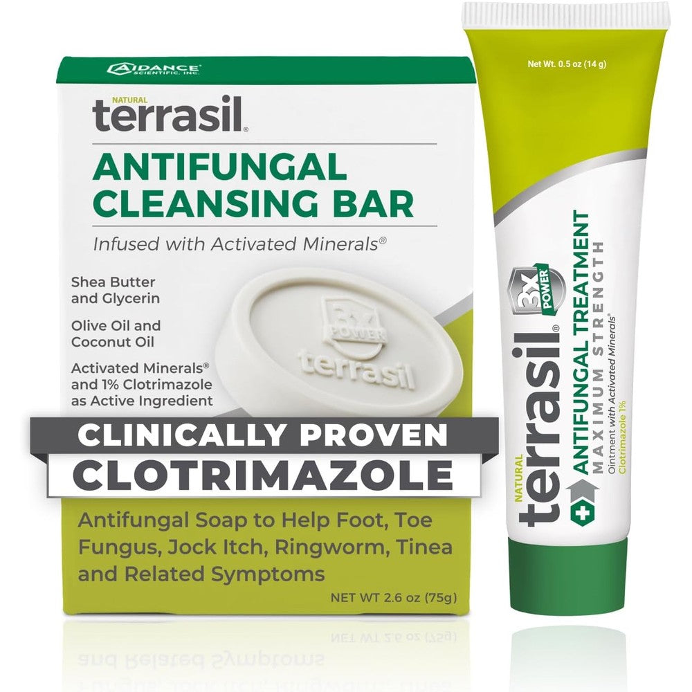 Terrasil Antifungal Treatment Kit front view showing cream tube and soap bar for ringworm relief.