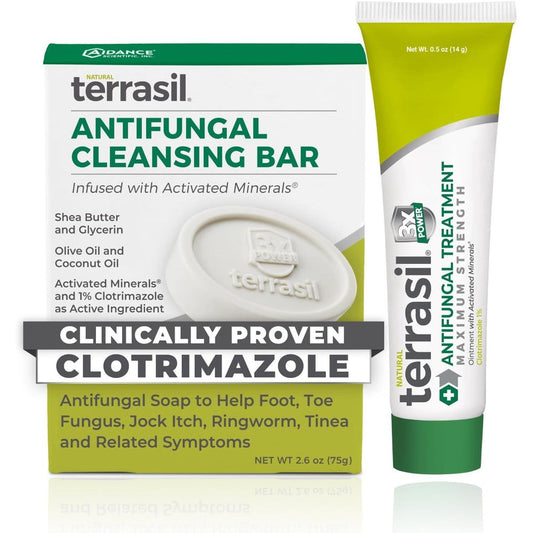 Terrasil Antifungal Treatment Kit front view showing cream tube and soap bar for ringworm relief.