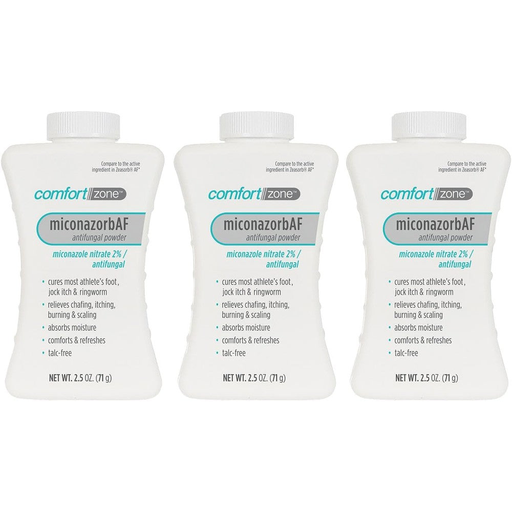 Comfort Zone Miconazorb Antifungal Powder front view bottle pack for athlete's foot relief