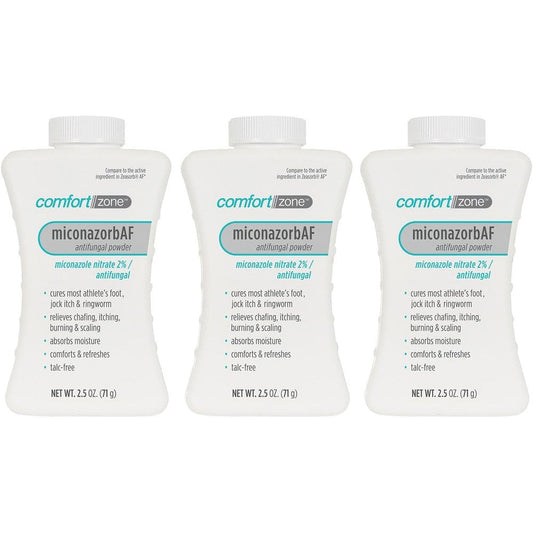 Comfort Zone Miconazorb Antifungal Powder front view bottle pack for athlete's foot relief