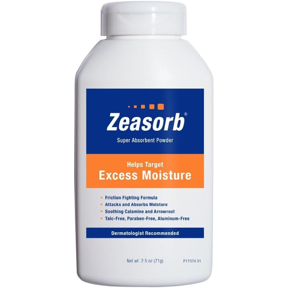 Zeasorb Excess Moisture Control Powder 2.5 Ounce bottle front view for sweat management.