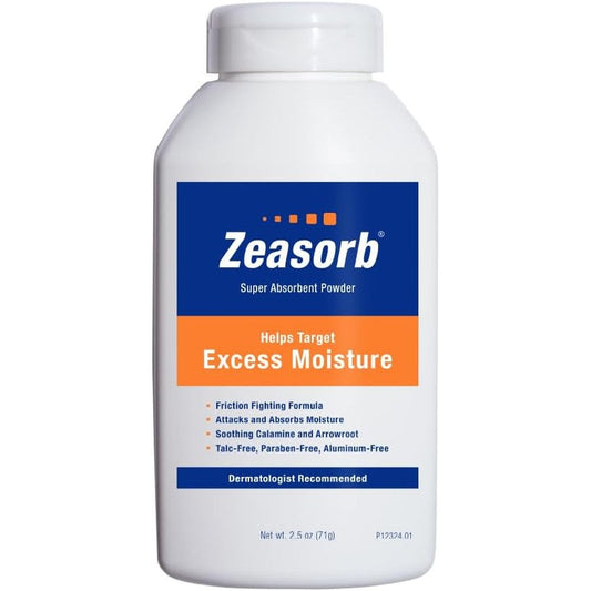 Zeasorb Excess Moisture Control Powder 2.5 Ounce bottle front view for sweat management.