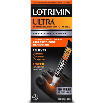 Lotrimin Ultra No Touch Applicator cream tube front view for athlete's foot treatment.