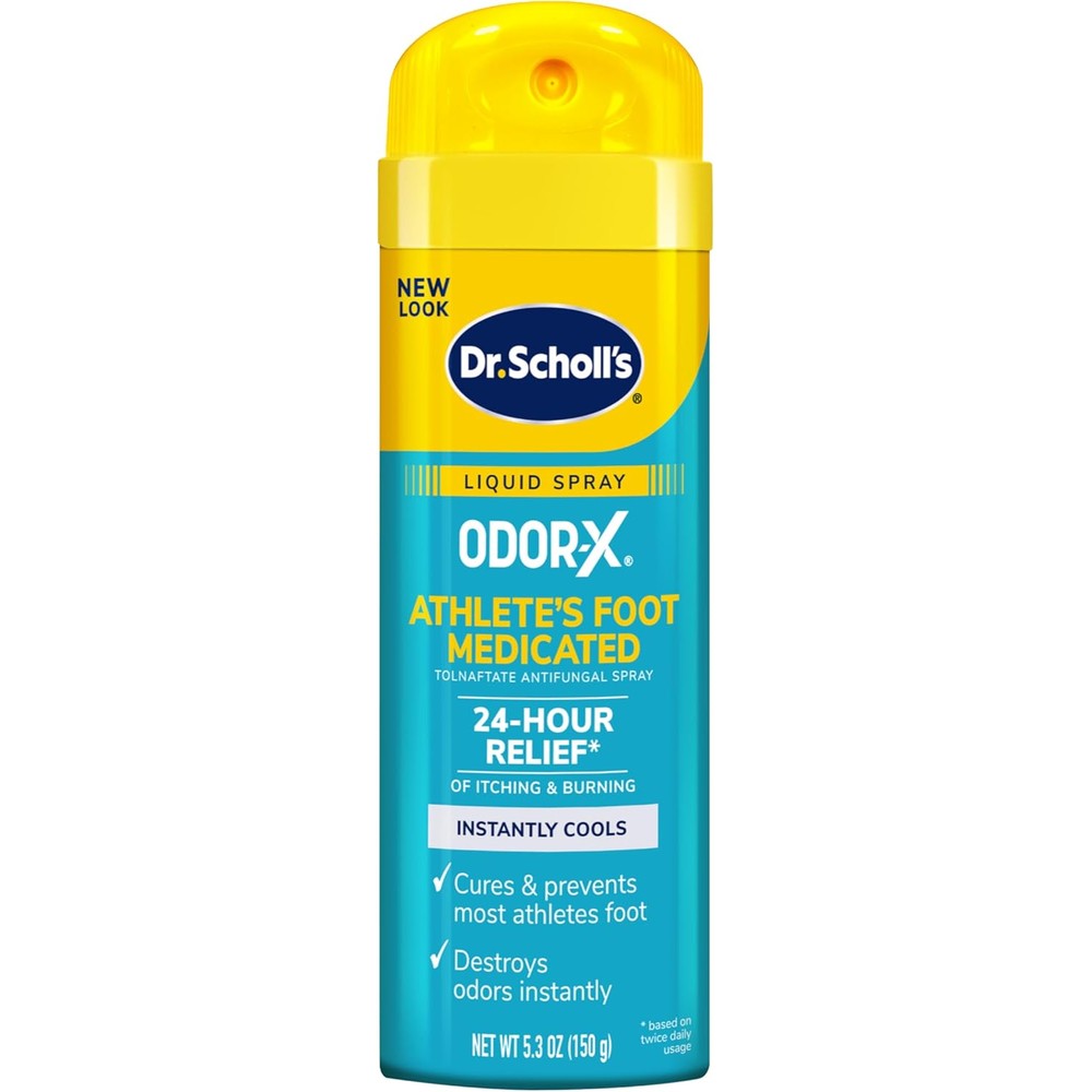 Dr. Scholl's Odor-X Athlete's Foot Medicated Liquid Spray front packaging showing 24-hour relief claim.
