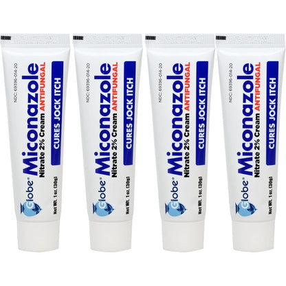 Globe Miconazole Nitrate 2% Antifungal Cream front view of the four pack retail packaging.