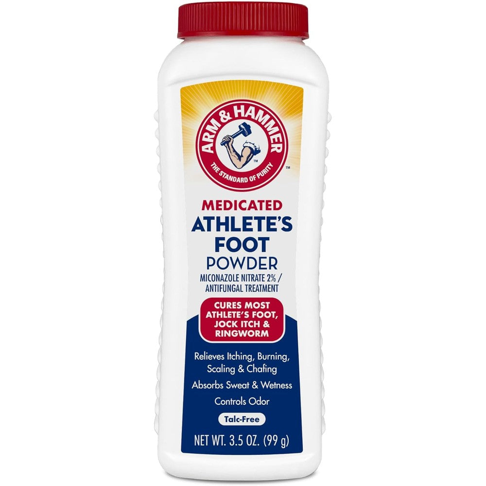 Arm and Hammer Medicated Athlete's Foot Powder front view antifungal treatment.