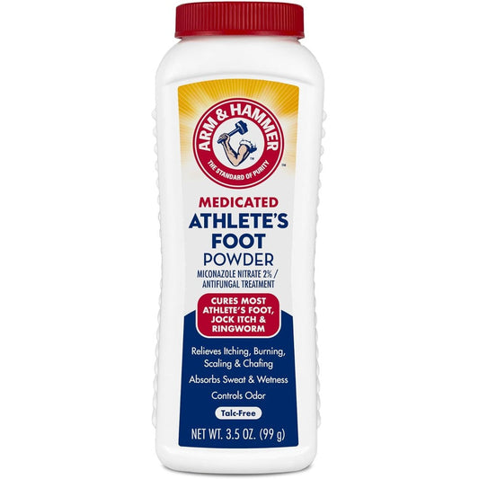 Arm and Hammer Medicated Athlete's Foot Powder front view antifungal treatment.