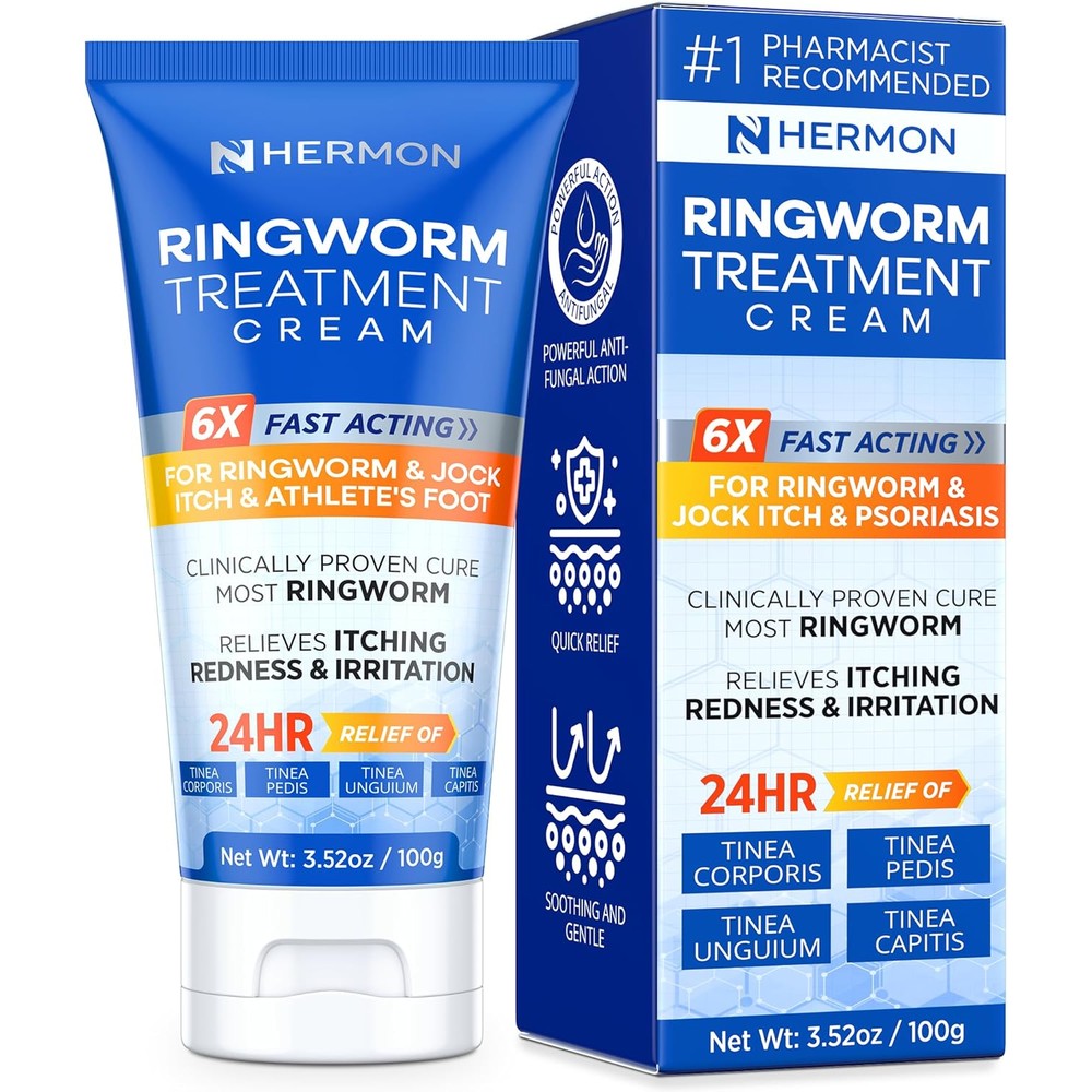 Hermon Antifungal Ringworm Cream 100ml front view showing brand packaging and key uses for skin relief